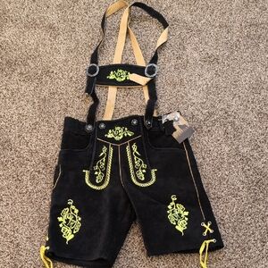 Lederhosen Leather Blackwith Yellow Embroidery NEW Size 32
